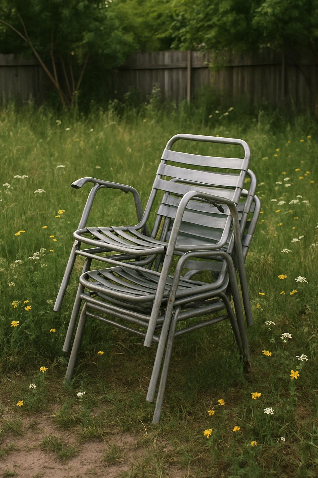 A pile of grey metal chairs stacked in an overgrown, unkempt yard with scattered wildflowers.