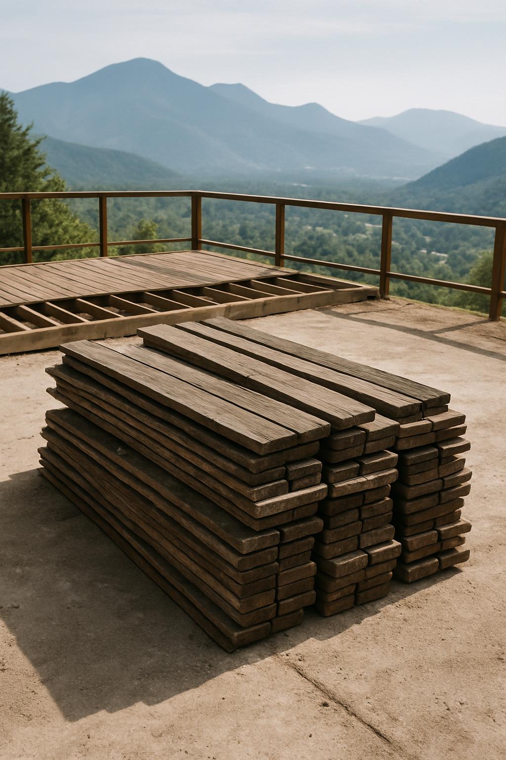 A stack of weathered wooden planks, possibly roof decking material, sits on a concrete patio with a partially constructed ...