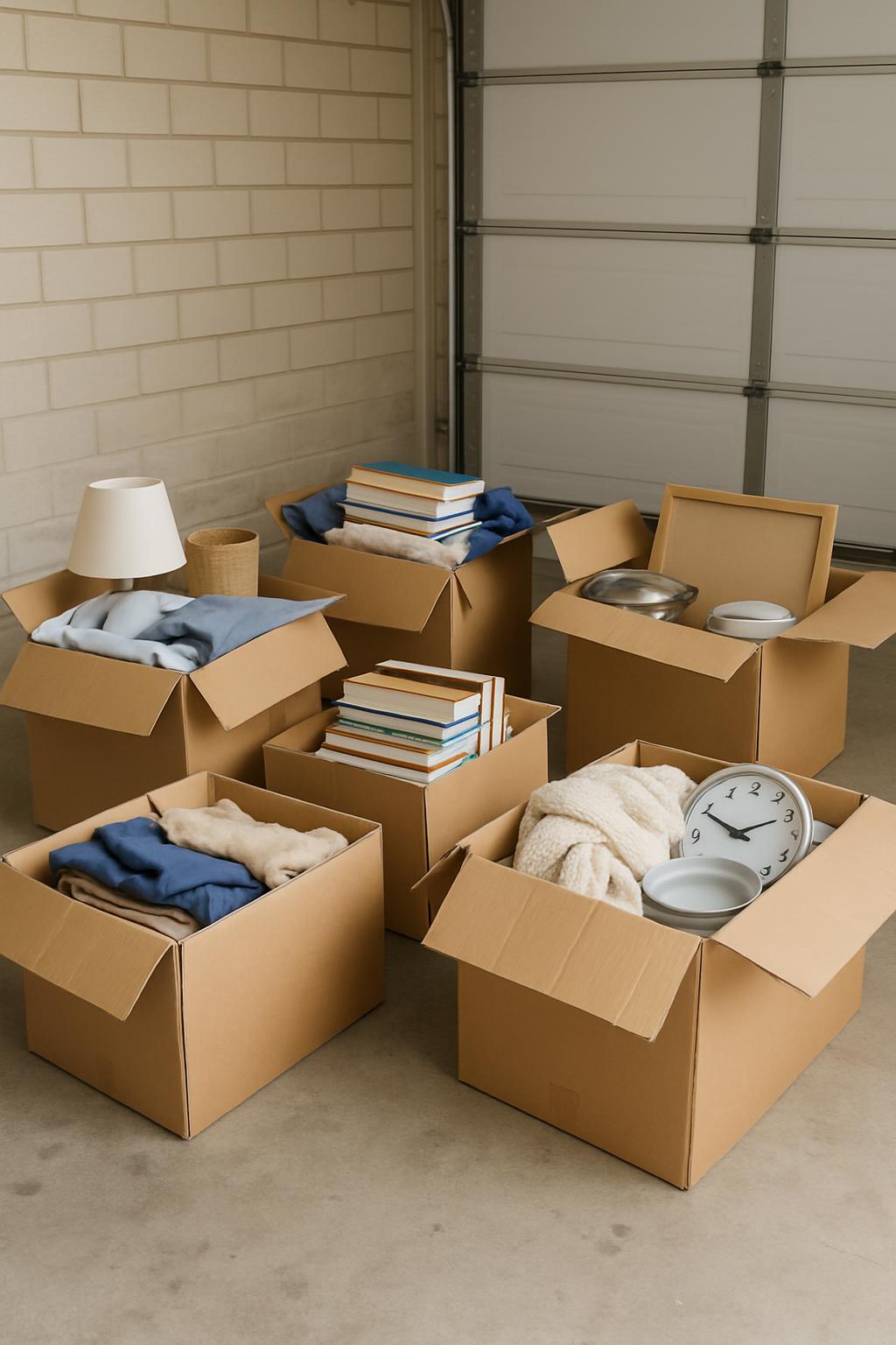 A room where boxes are packed in preparation for moving. Cardboard boxes are labeled once packed. These boxes contain bedd...