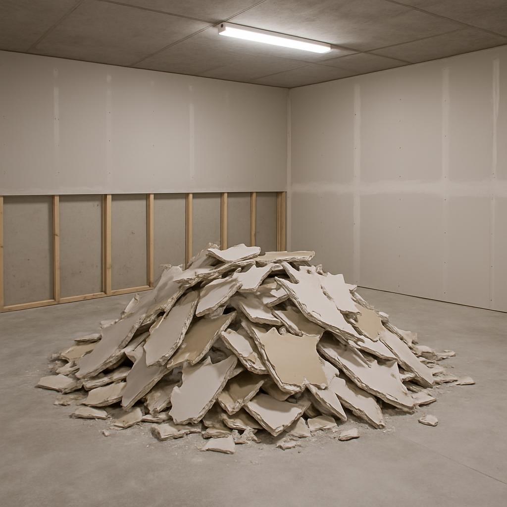 A pile of peeled drywall lies on the cement floor of a half-finished room, under which wooden framing is visible.